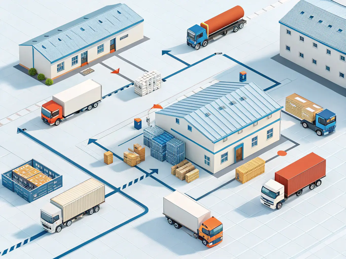A complex supply chain diagram with arrows indicating the flow of goods and funds, highlighting the role of supply chain and trade finance.
