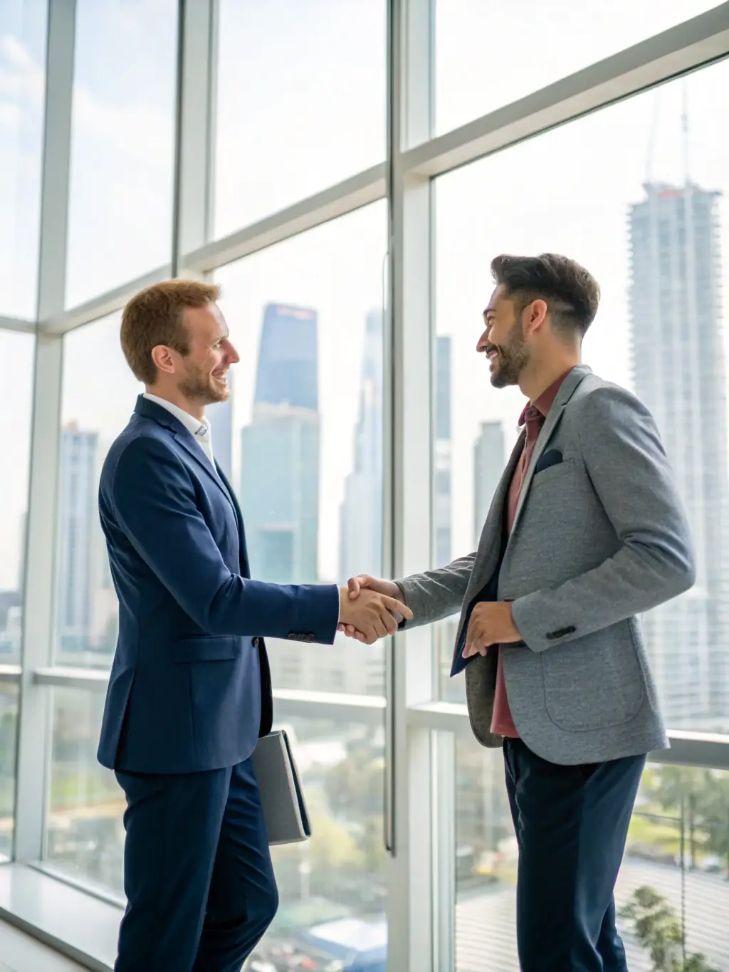 A professional handshake between two business partners in a modern office setting, symbolizing counterparty quality and trust in trade finance.