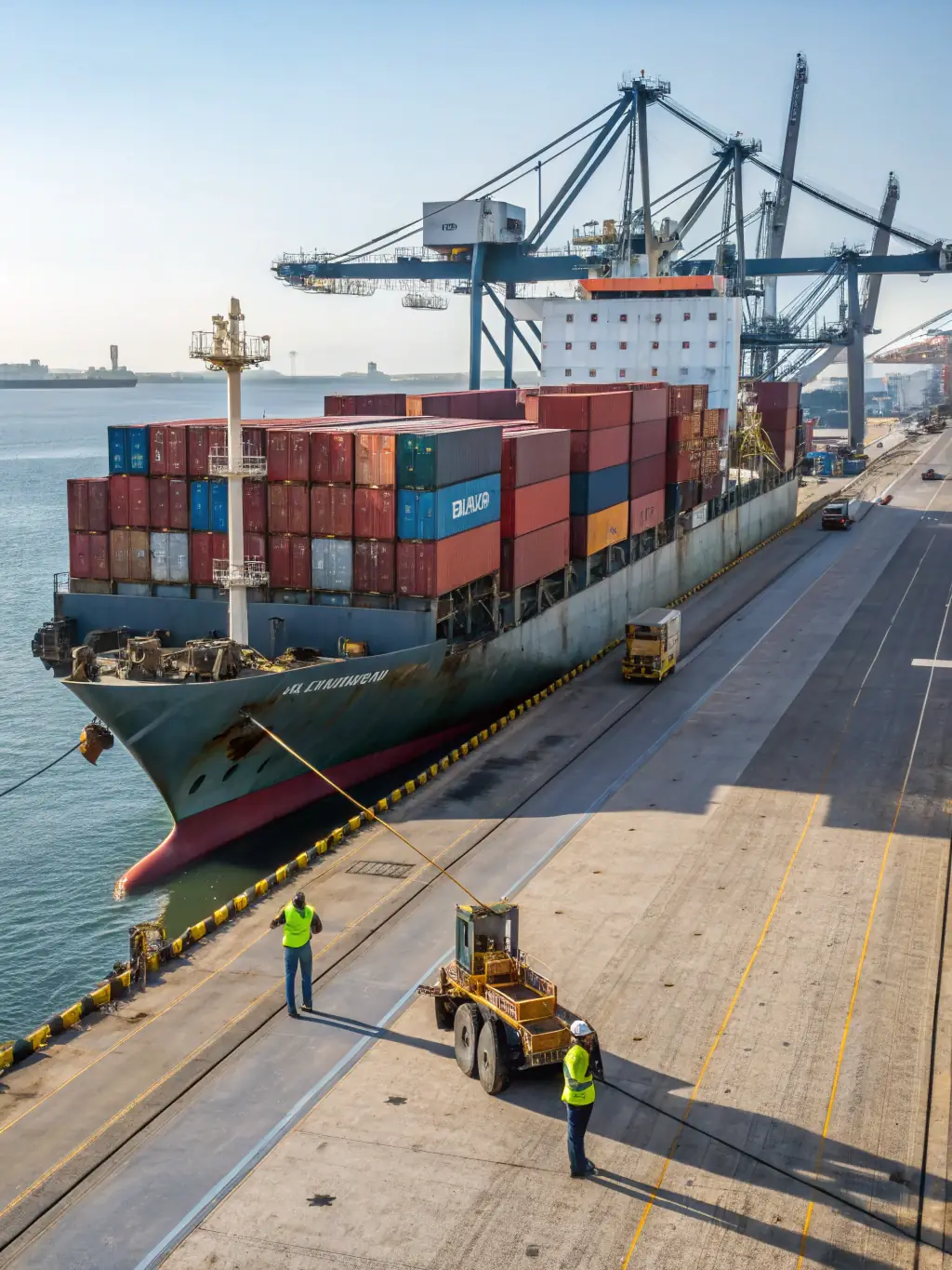 A vibrant image depicting a bustling port in Lagos, Nigeria, with containers being loaded onto a cargo ship, symbolizing import/export activity and trade finance.